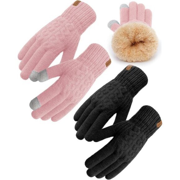 ⚡Women & Men Black+Pink Winter Touch Screen Warm Thick Fleece Lined Knit Gloves - Picture 1 of 7